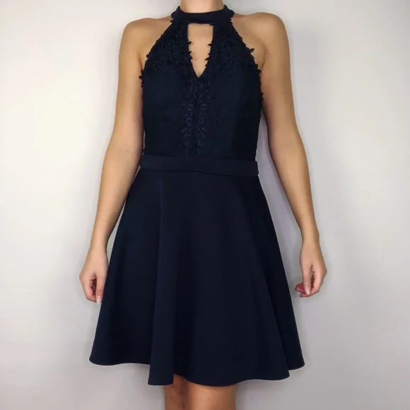 Jodi Kristopher | Dresses | Jodi Kristopher Lace Mini Dress Halter Keyhole  1 Sleeveless Flare Pleated Blue | Poshmark
